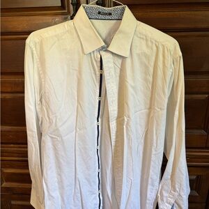 Bugatchi White Dress Shirt with Navy Trim